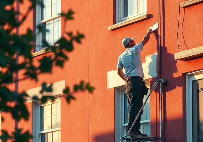 Peintre sur échafaudage traitant la façade d'une maison